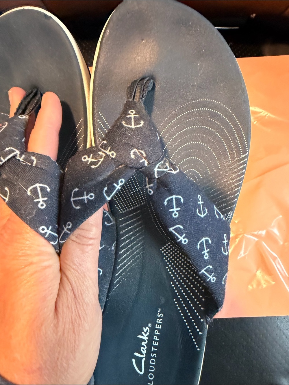 Clarks Blue Anchor Print Cloudsteppers Flip Flops - Picture 5 of 14